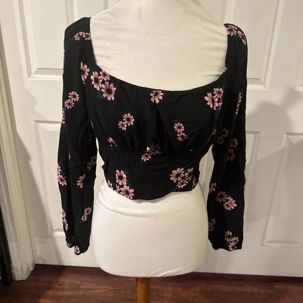 Wild Fable Jr Womens Milkmaid Crop Top XL Floral Smocked Black Y2K Coquette Goth